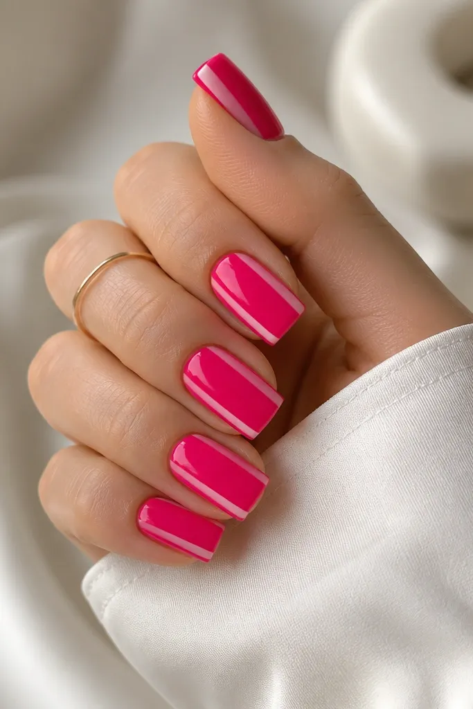 Square nails painted hot pink with two thin clear stripes running down each side near the sidewalls. The center is solid hot pink, glossy and clean.