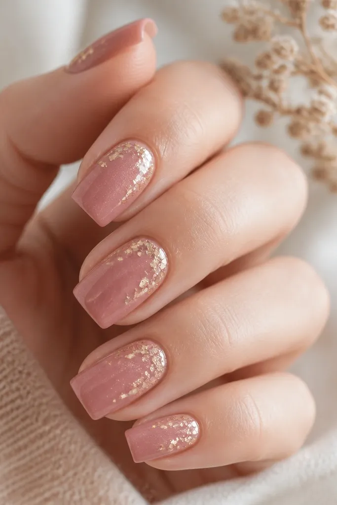 Dusty rose pink square nails with scattered tiny gold foil flecks concentrated near the cuticle and along one side. Glossy finish with soft shimmer.