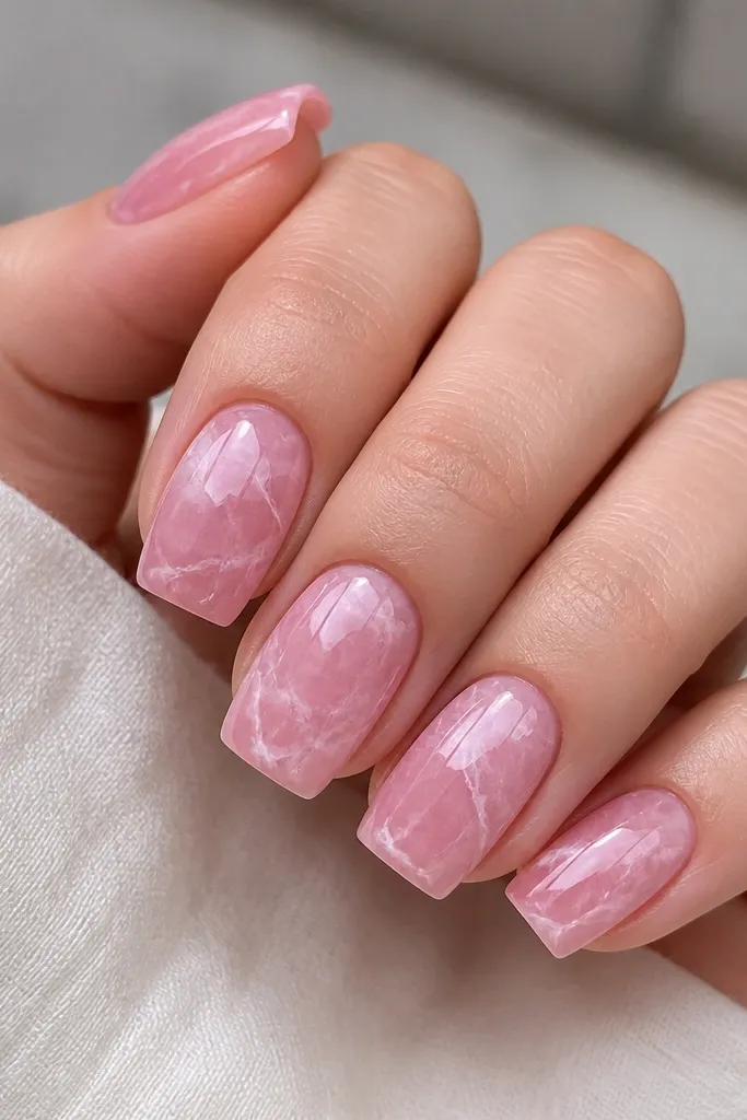 Square nails in soft pink marble swirls with thin white veins. The marbling looks like real stone with a glossy, glassy top coat.