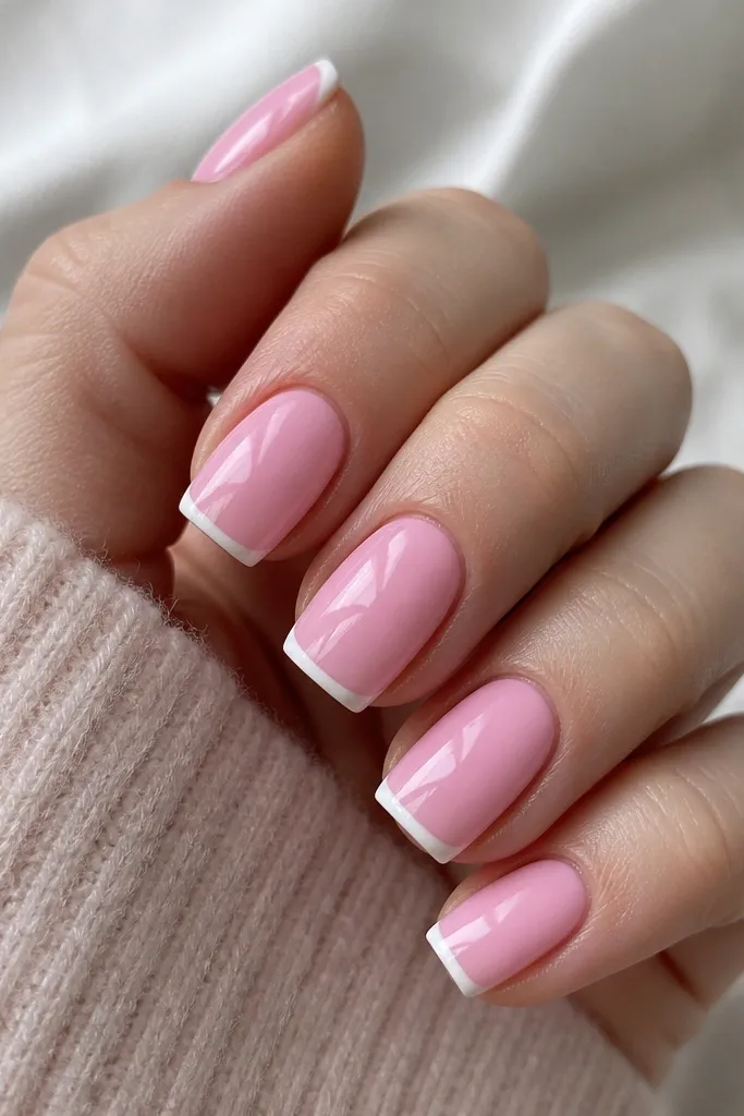 Square nails with a bubblegum pink base and thin white French tips. The smile line is narrow and crisp, glossy finish.
