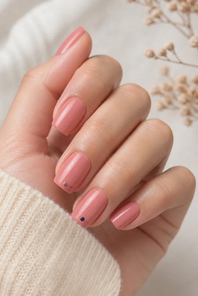 Peachy rose square nails with tiny navy-blue dot accents near the tip on two nails. The rest is solid peachy rose, glossy and clean.