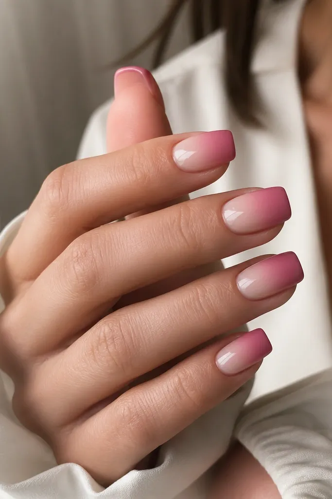 Square nails with rose pink fading smoothly into a milky nude base near the cuticle. Glossy finish, soft gradient with no harsh lines.