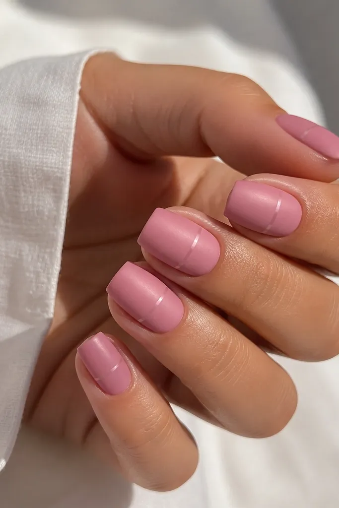 Square nails in satin-finish pink. The overall look is matte, but a thin glossy line runs horizontally across the middle of each nail.