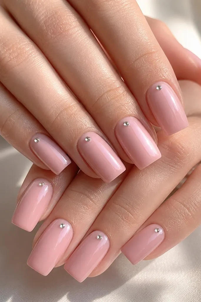 Blush pink square nails with one tiny clear crystal placed near the cuticle on each nail. Nails are glossy and the crystal catches light.