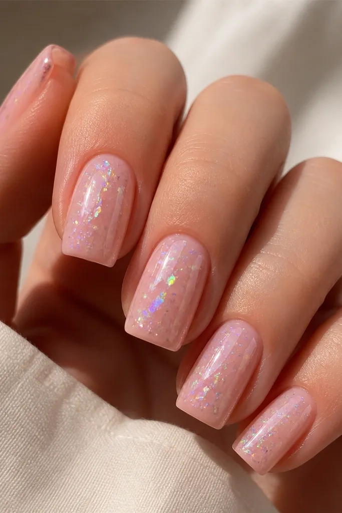 Square nails painted a glossy pink glaze. Iridescent holo flakes are scattered lightly over the top, creating rainbow sparkles in the light.