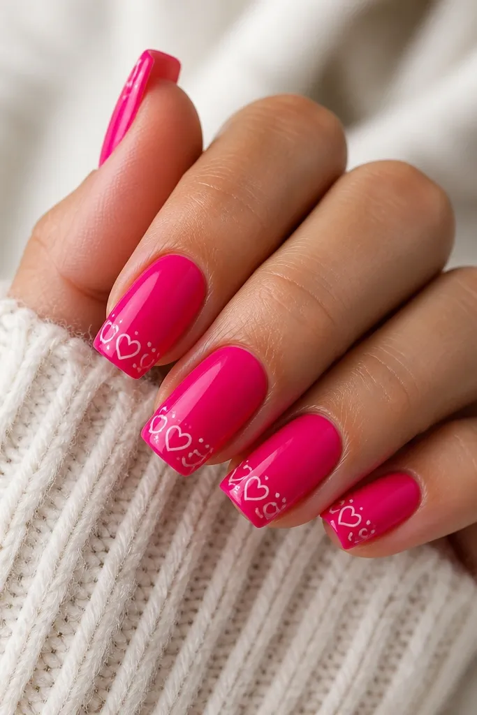 Hot pink square nails with tiny white doodles: small hearts, dots, and short swooshes scattered near the tip. Glossy finish.