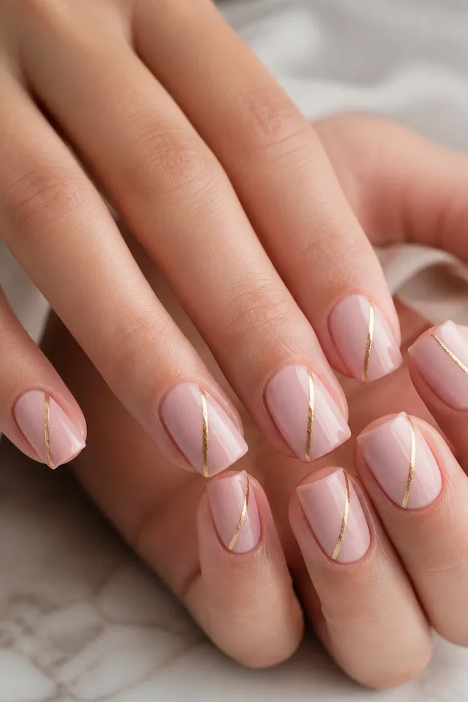 Pink nude square nails with a single diagonal gold foil stripe running from lower left to upper right on each nail. Glossy and smooth.