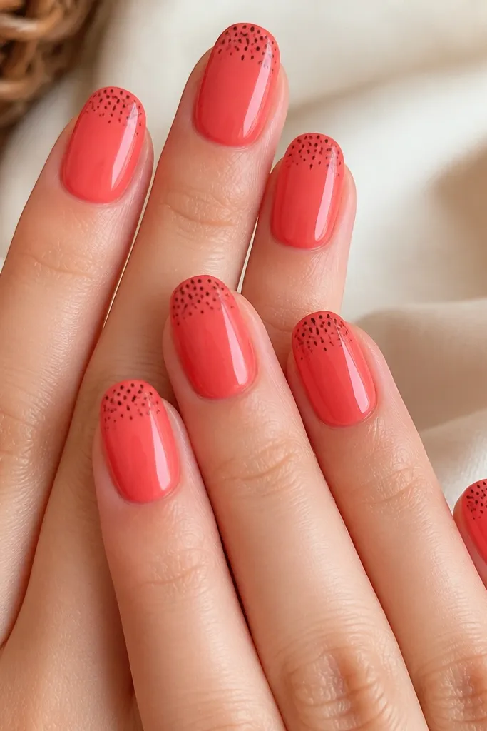 Strawberry-inspired square nails. The base is strawberry pink, and each nail has a cluster of tiny black micro dots near the tip like seeds. Glossy finish.