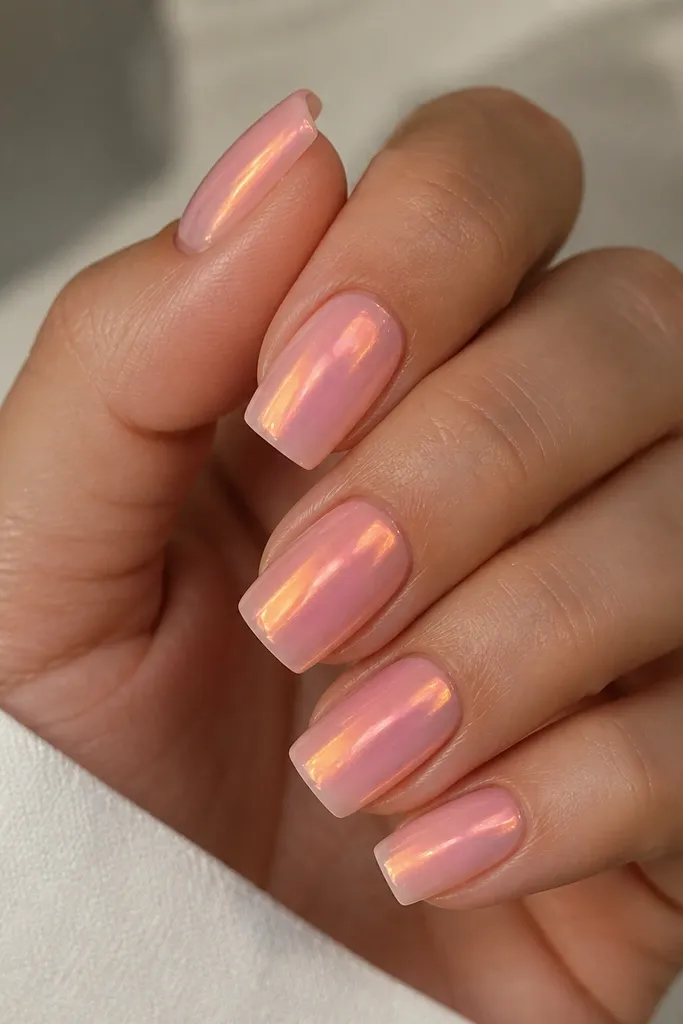 Square nails with a soft pink-to-peach gradient. Over the top, a peachy chrome shift creates a warm shimmer that changes color when you tilt your hand.