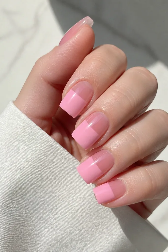 Cotton candy pink square nails where the top half is clear jelly over pink, creating a layered see-through effect. The bottom half is solid cotton candy pink, glossy.