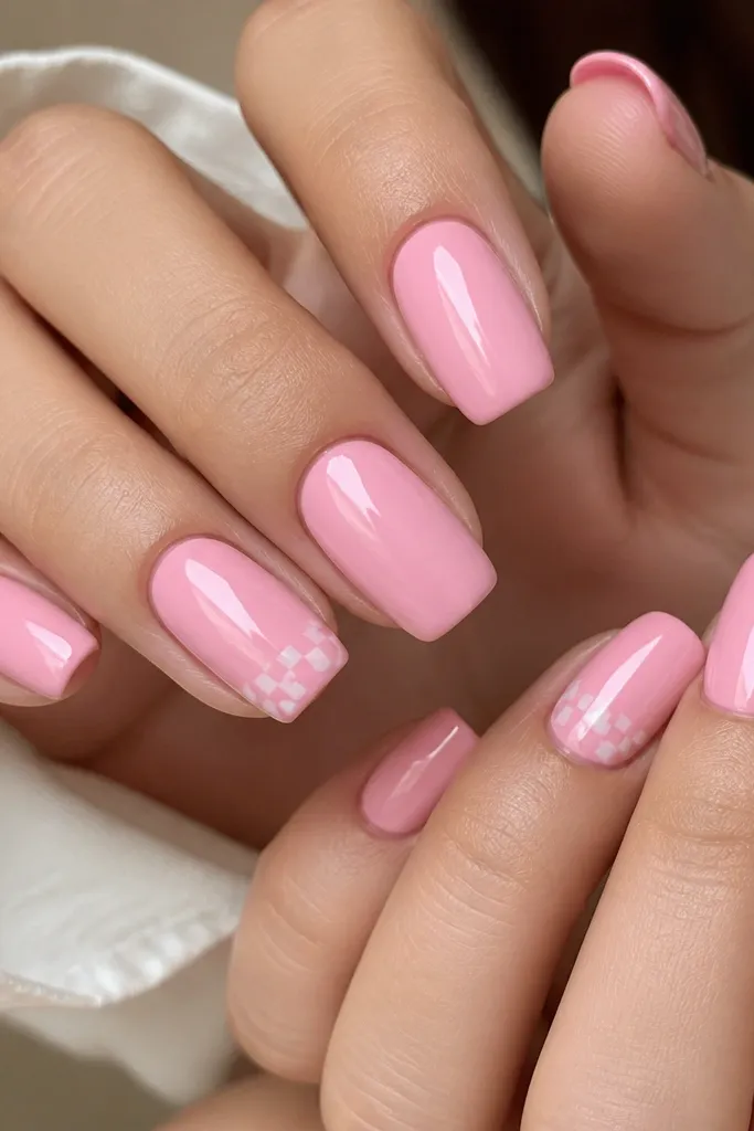 Strawberry milk pink square nails in glossy solid color. One accent nail on each hand has a small white glossy check pattern near the tip.