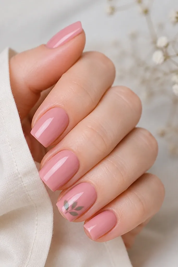 Rose pink square nails with glossy finish. On one accent nail, the tip has two small green leaf shapes pointing upward like a tiny bouquet.