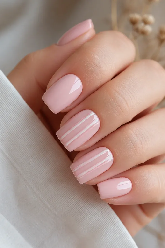 Pink cream square nails with glossy finish. Thin raised lines in white and pale pink run vertically on two nails, creating a subtle 3D effect.