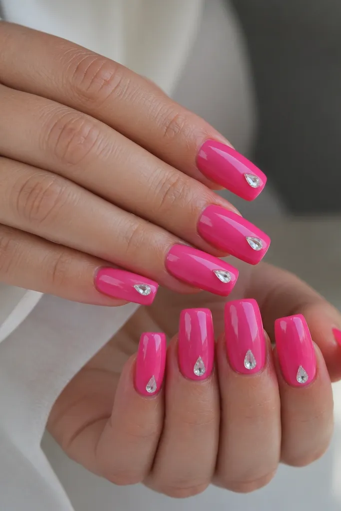 Bright pink punch square nails with one clear teardrop crystal placed at the center of the tip on each nail. Glossy top coat around it.