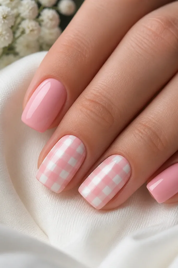Square nails painted soft pink. Two accent nails have a white gingham check grid with small squares near the center and tip area. Glossy finish.