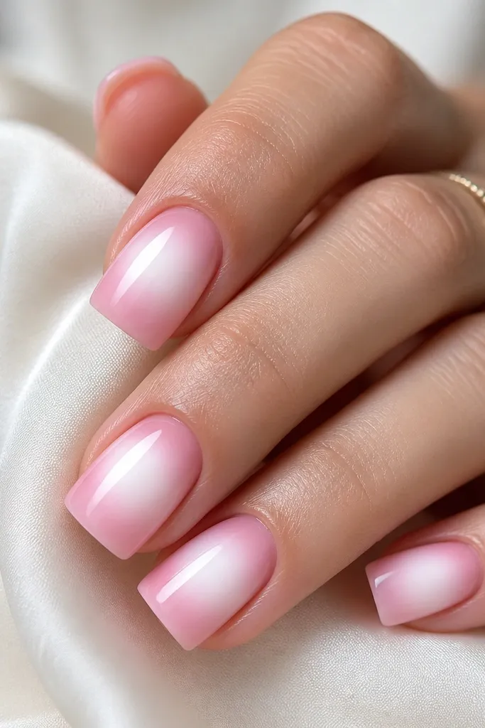 Square nails in soft pink with a glowing white aura circle around the center of each nail. Edges fade back into pink, glossy finish.