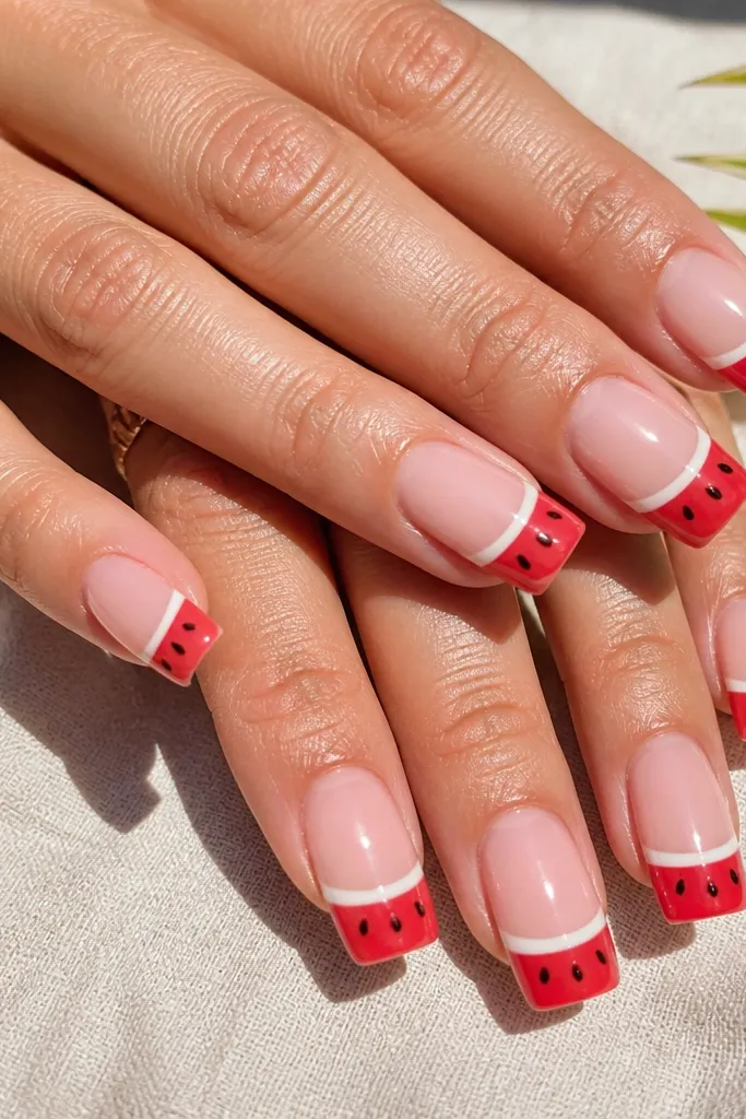 Glossy nude base with a thick watermelon red square tip, a thin white stripe in the middle, and tiny black dot seeds scattered near the white line; sharp square corners with crisp edges.
