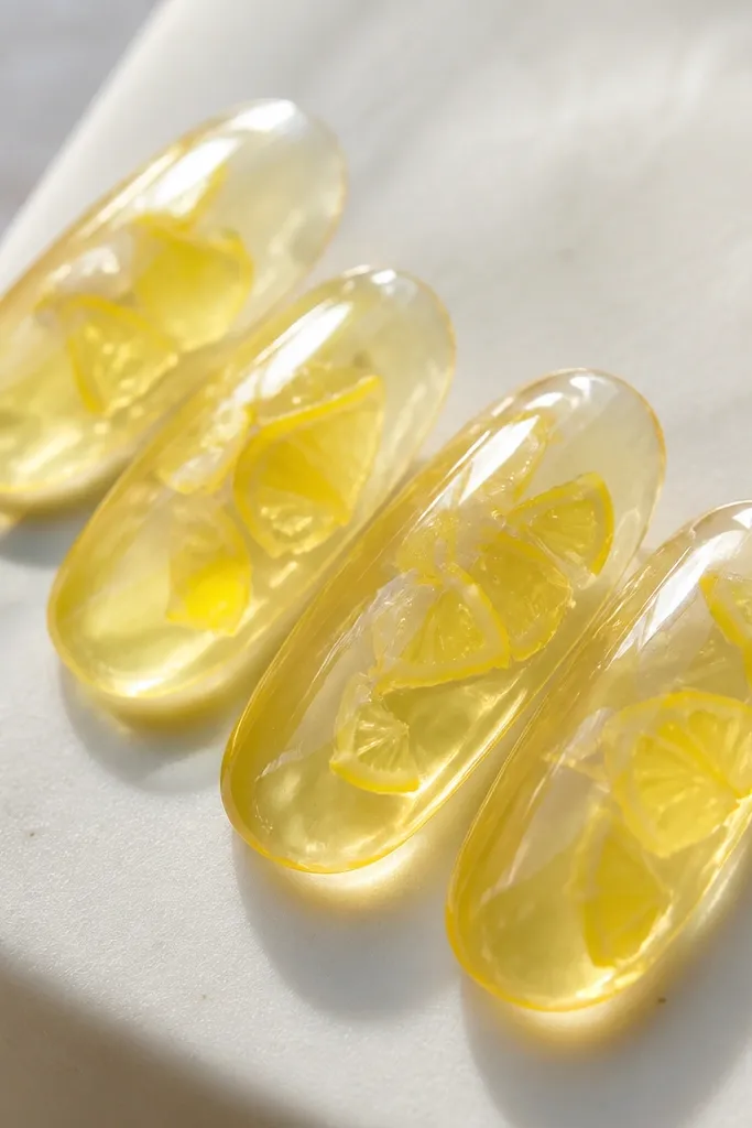 Clear jelly base with a translucent yellow glow, tiny irregular lemon wedge shapes at the center, and a glossy top coat that looks wet and dimensional.