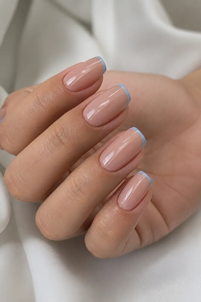 Sheer nude base with a super thin sky-blue micro-French line at the very edge of a square tip; ultra-clean cuticle line and high gloss.