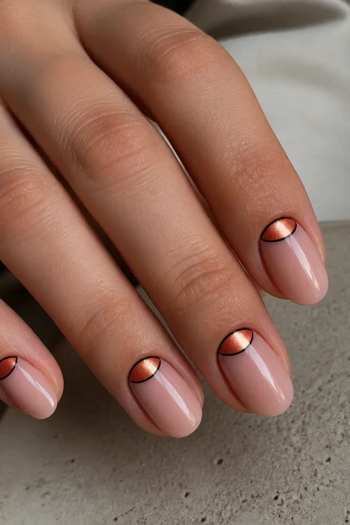 Nude glossy nails with a tangerine half-moon at the cuticle using chrome powder, blended softly, plus a thin black outline around the half-moon.