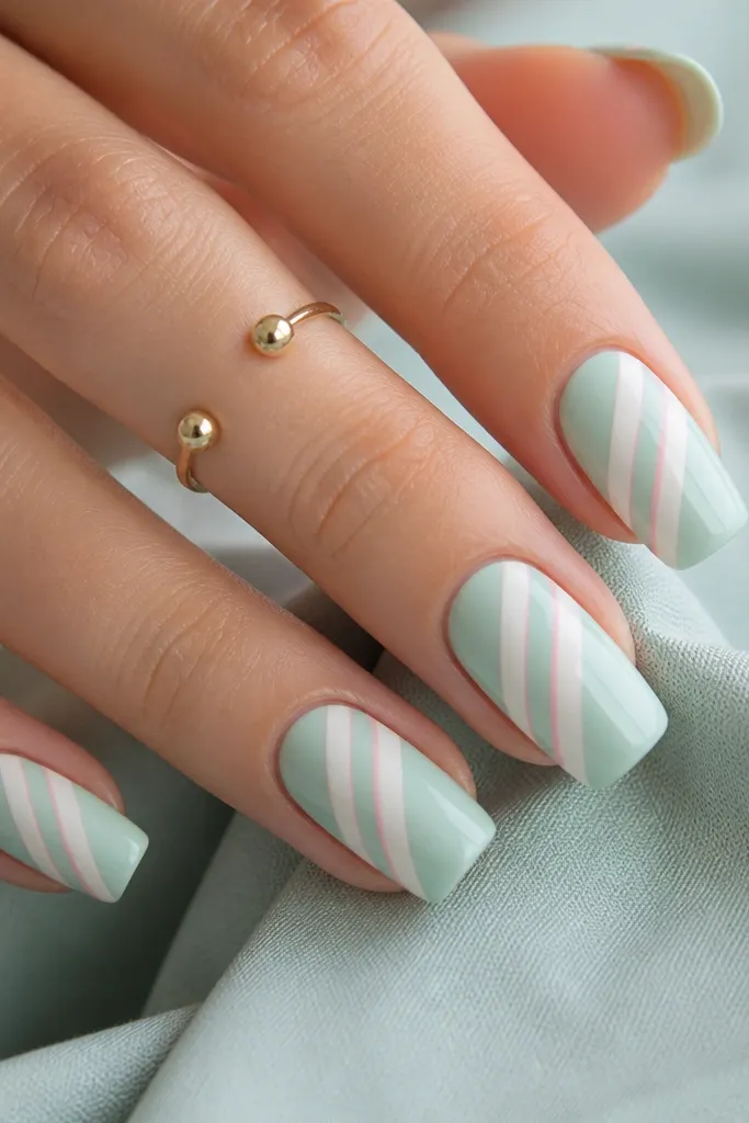 Glossy pale mint base with two diagonal white stripes and one thin pink stripe on each square nail, like a candy wrap pattern.