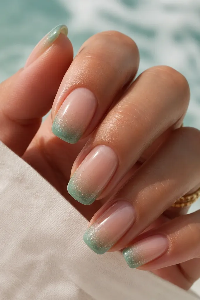 Sheer nude base with a soft sea-glass teal wash at the tip corners only, plus tiny iridescent glitter concentrated in the corners; glossy finish.