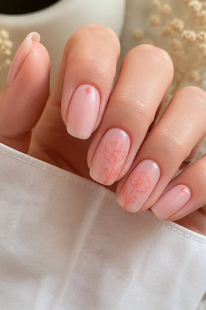 Glossy sheer pink base with coral one-line flower outlines on two accent nails; other nails have tiny coral dots near the cuticle.