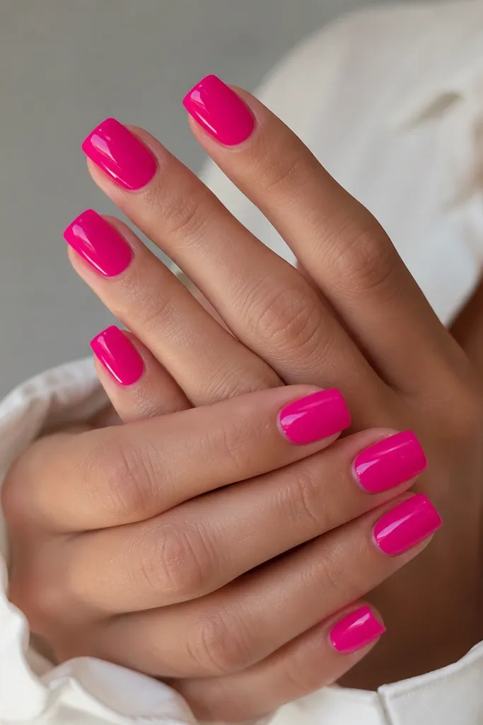 High-gloss hot pink jelly polish across all square nails with a slightly deeper pink at the center for a dimensional glow.