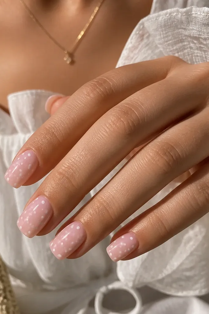 Creamy nude base with tiny strawberry-red dots scattered, plus a few larger dots at the tip and a glossy finish.