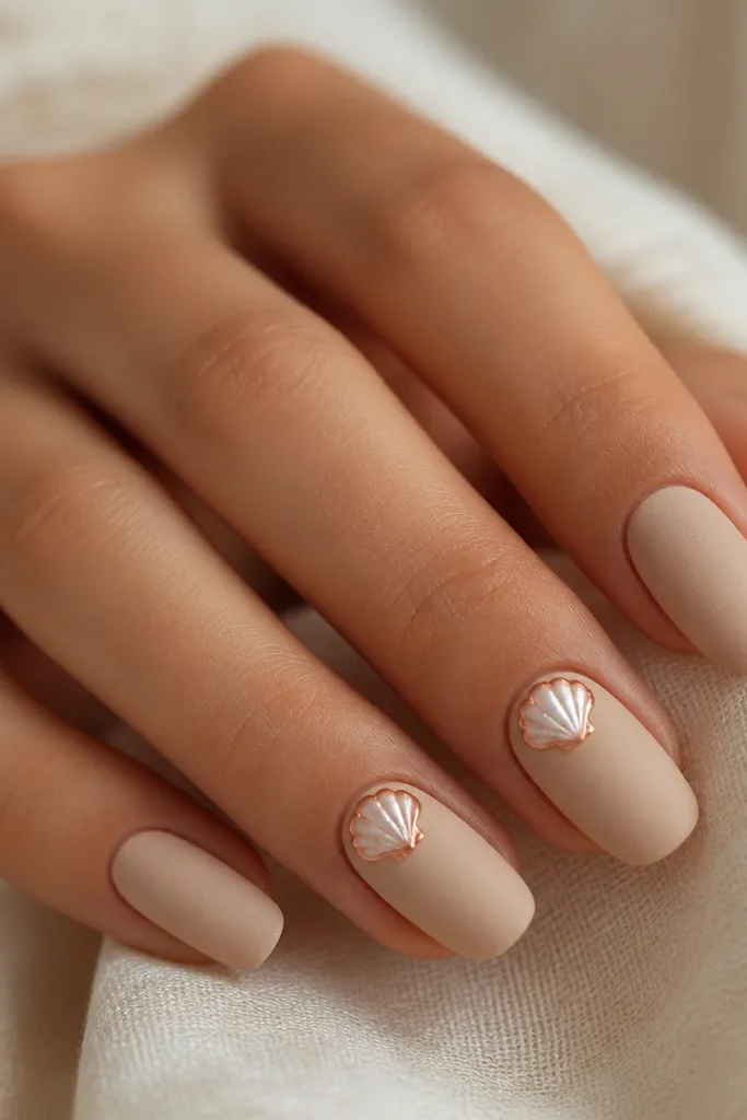Matte sandy-beige nails with a glossy small seashell accent near the cuticle on two nails; the shell has white highlights and a peach outline.