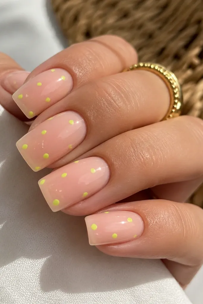 Clear or sheer nude base with tiny neon lime micro dots clustered along one side of each square nail; glossy top coat.