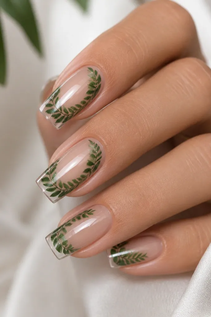 Glossy nude base with a green tropical leaf pattern painted only along the outer half of the nail, like a half-frame; tips stay clear and corners are sharp.