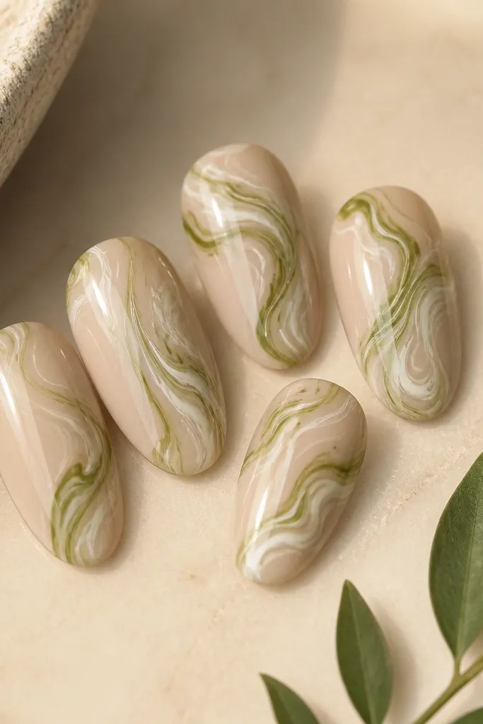 Glossy pale nude base with thin marbling lines in matcha green and a touch of white; swirls are centered and spread slightly toward the corners.
