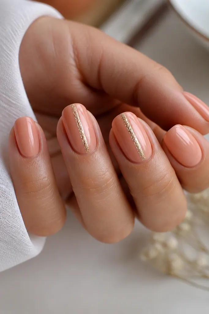 Glossy peach-pink nails with a narrow vertical strip of peach-gold foil running down the center of two accent nails; other nails are solid glossy.
