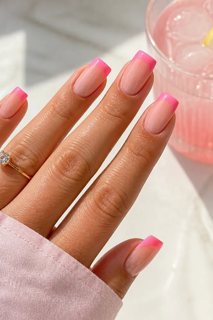 Sheer pink nude base with a glossy yellow half-tip on the outer half of each square nail; a thin white line separates pink base and yellow tip.
