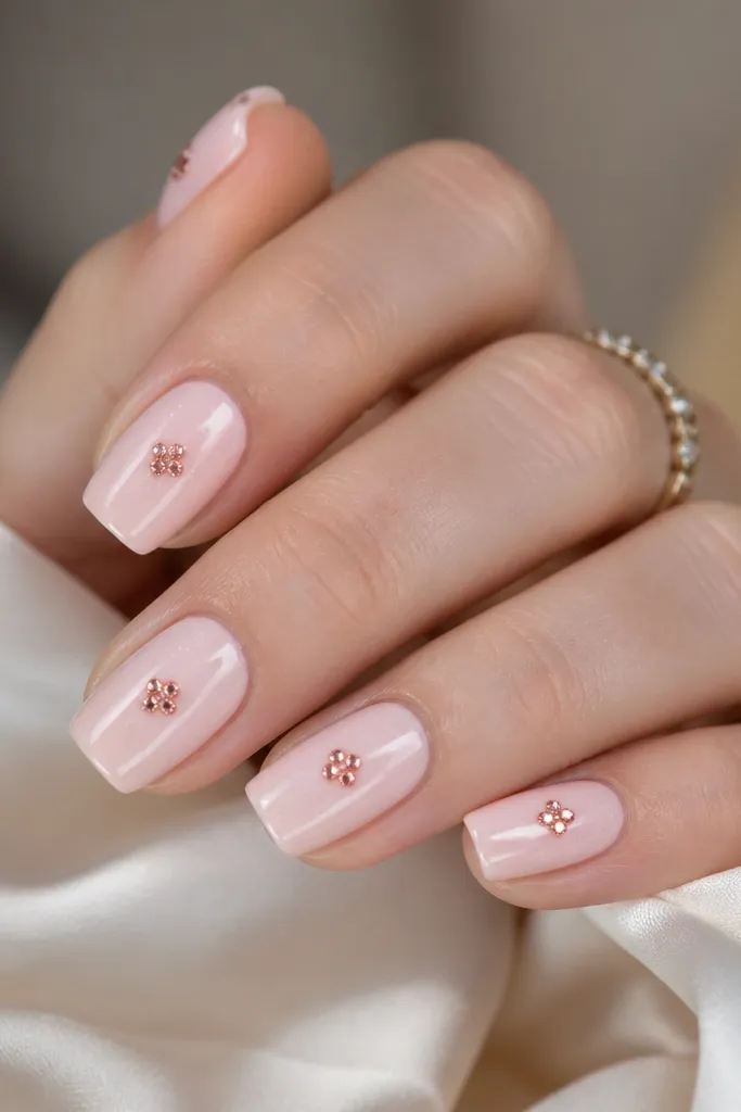 Glossy pale blush base with tiny rose-gold micro gem clusters at the center of each square nail; subtle glitter under the gems.