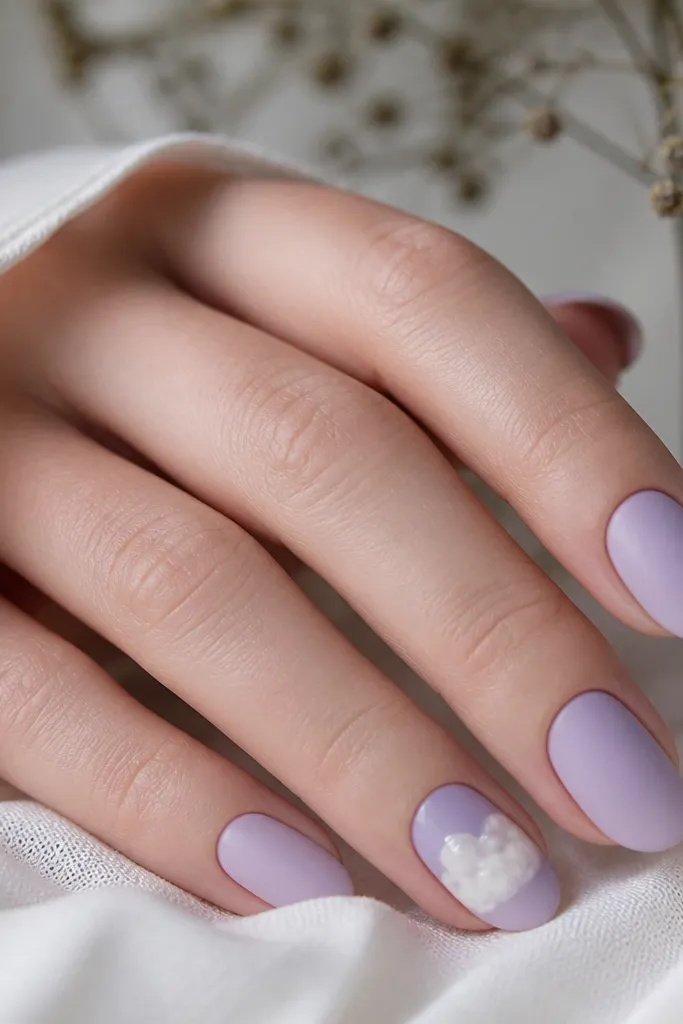 Matte lavender nails with a single glossy cloud shape on one accent nail; cloud is white with soft grey shading and glossy finish.