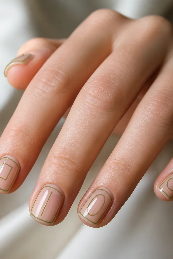 Sheer nude nails with thin olive-green outline drawings of simple shapes (squares and lines) that sit inside the square nail border; glossy top coat.