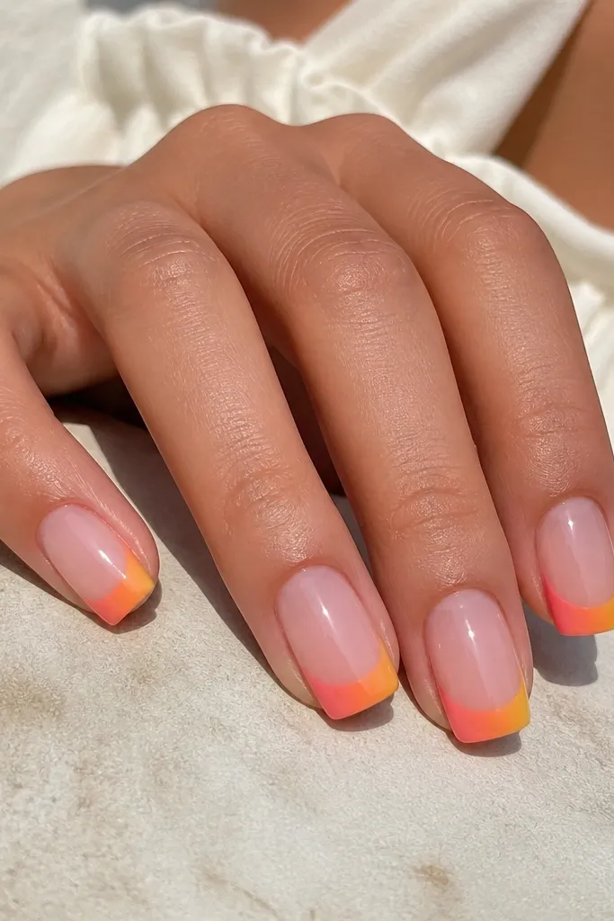 Sheer nude base with a blocky French tip that fades from coral to orange to golden yellow across the tip; glossy finish.