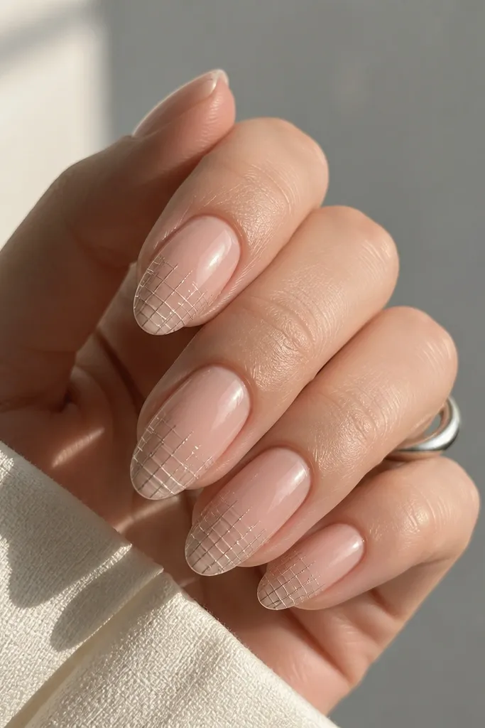 Glossy nude base with tiny metallic silver check pattern across the tip area only; check lines are thin and evenly spaced.