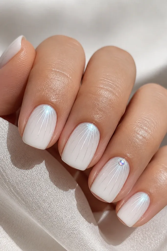 Close-up of short square nails painted milky white with two thin shell ridge lines on each nail. The center of each shell has a tiny icy blue pearlescent highlight, and the tips stay plain white. One ring finger has a small holographic shimmer dot near the cuticle.