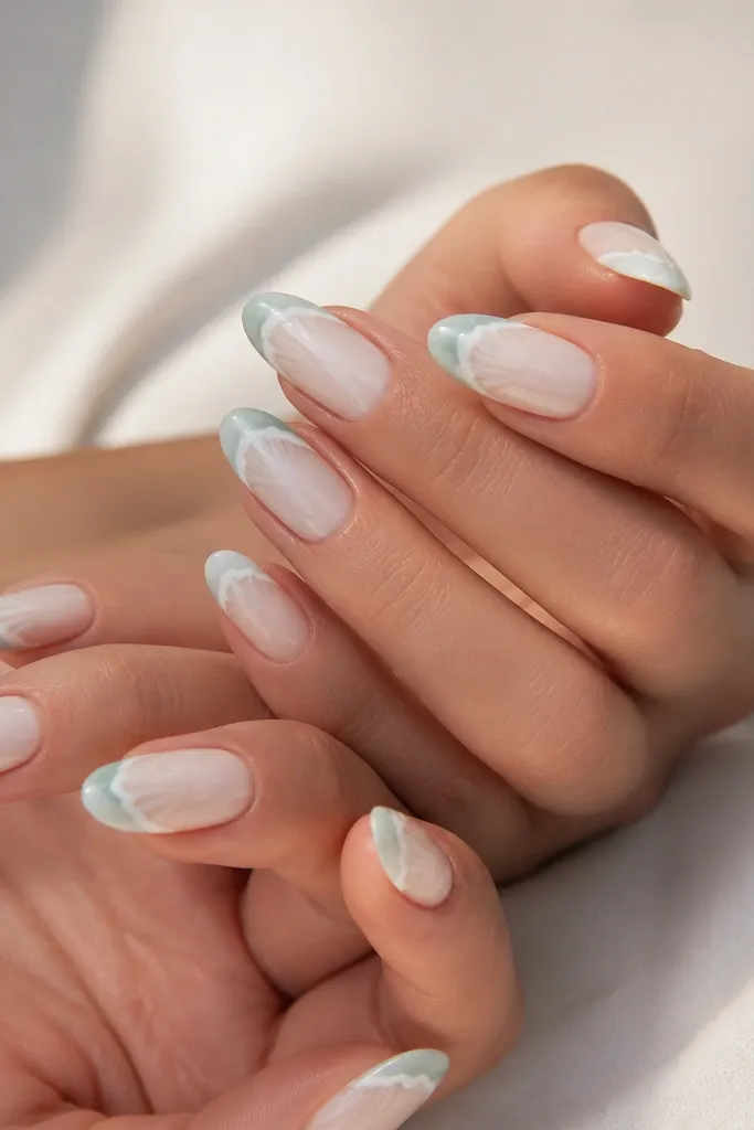 Medium-length almond nails with a milky white base. Each nail has soft seafoam wave lines at the very top third, like a tiny wave crest. The shell ridges are subtle and mostly near the cuticle, while the wave tips are the main accent.