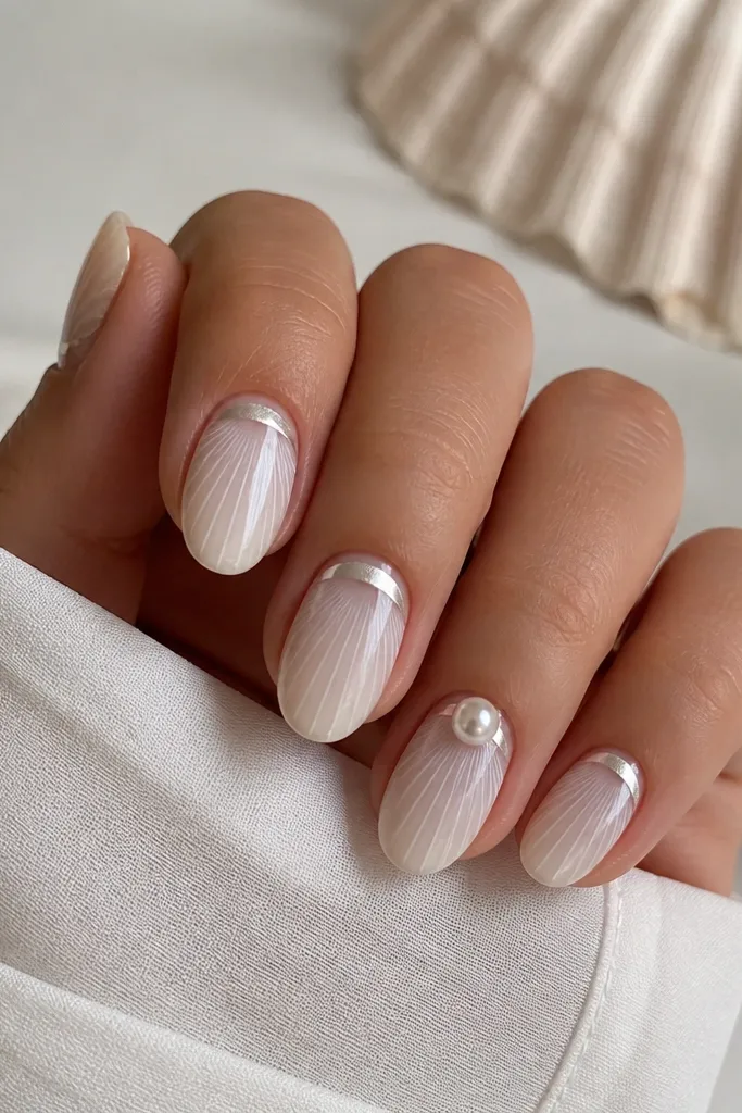 Glossy medium short nails in sheer milky white. The cuticle area has a pearl chrome arc, like a crescent. Shell ridges are painted in thin white lines that start at the chrome arc and curve downward. One nail has a tiny pearl bead on top of the chrome.