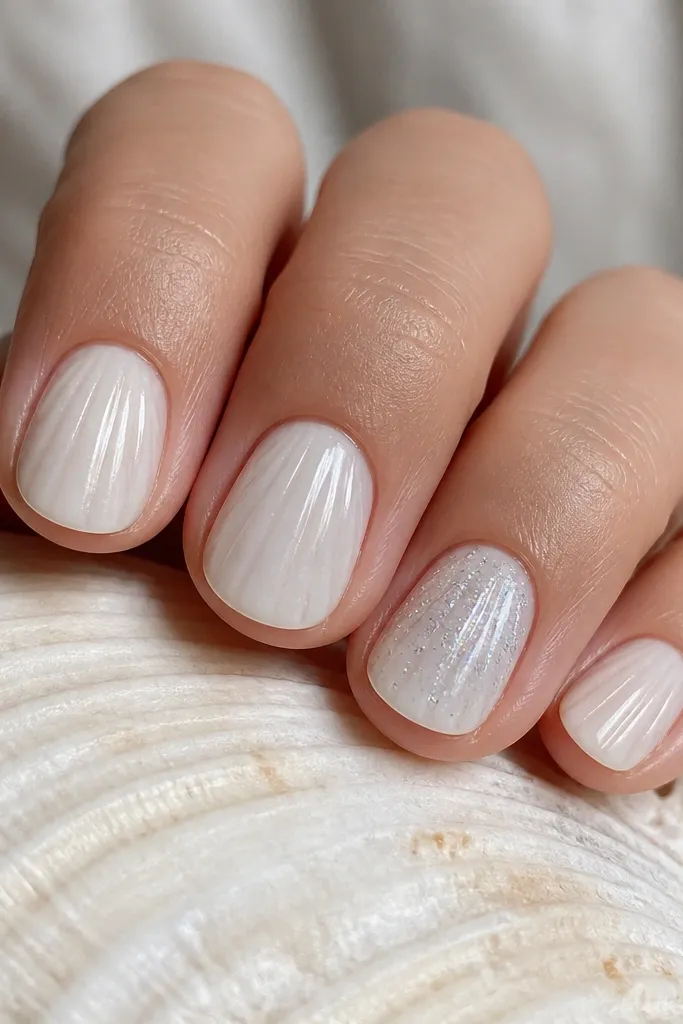 Short round nails in milky white with thin shell ridges in slightly off-white. The ring finger has a dusting of micro holographic glitter concentrated near the center, fading outward. Other nails have no glitter, just the shell ridges.