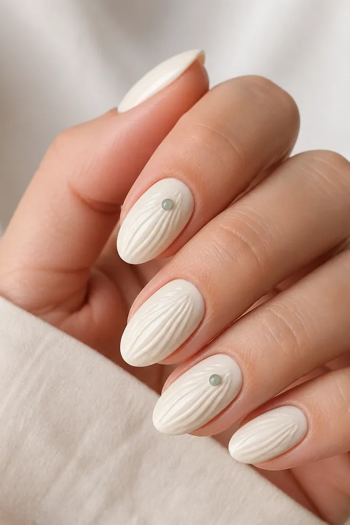 Almond nails painted creamy white. Each nail has curved shell ridges in thin lines. On the index and ring fingers, there's a single tiny dot of sea-glass green with a glossy top coat, placed near the center of the shell.