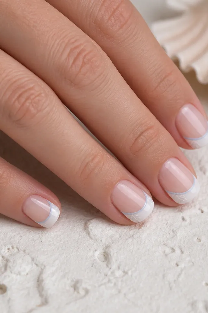 Short square nails with a classic French tip in white. The French line is outlined with a super thin icy blue line. Under the white French, a few shell ridges appear near the sidewalls, like a shell edge peeking out.