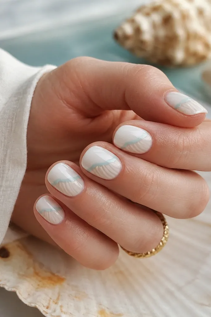 Short oval nails. Base is milky white. Near the tip, there's a horizontal waterline band in blue-green that looks like a thin skim of water. Shell ridges are drawn in the lower half of the nail, curving toward the waterline band.