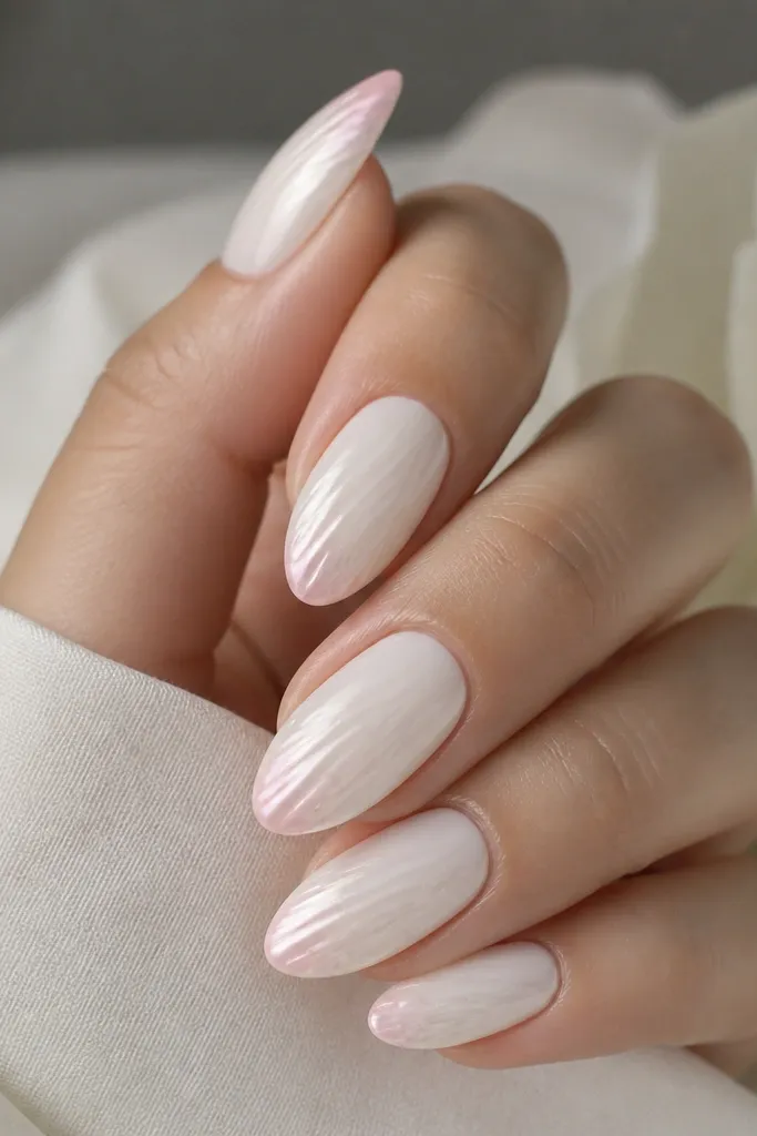Almond nails with milky white base. The shell ridges are painted thin and slightly darker white. At the very tips, there's a soft milky pink pearl fade that stops before the half-way point. The nails look glossy and smooth.
