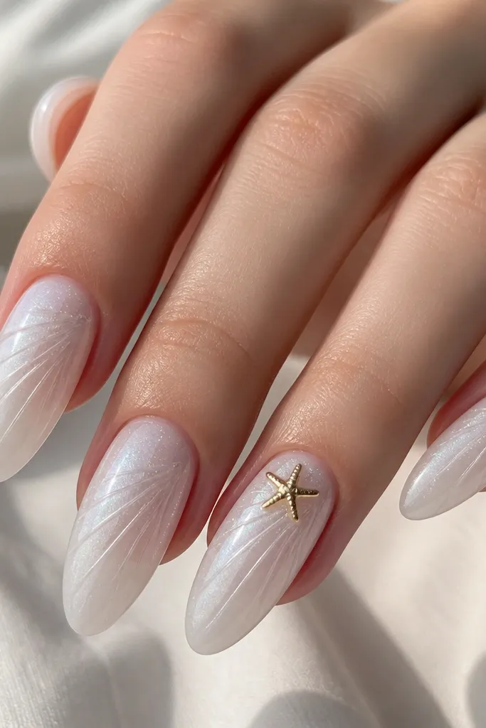 Long almond nails in sheer milky white with shell ridges. One accent nail has a tiny gold starfish charm near the cuticle, secured under clear gel. The rest of the nails have only shell ridges and a faint holographic shimmer dust on the sides.