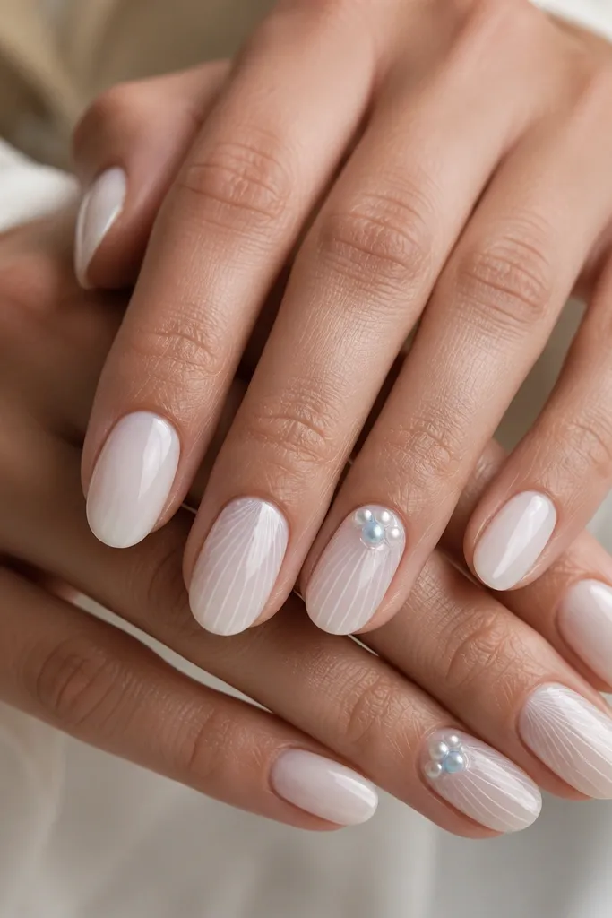 Medium oval nails with icy white gel base. Shell ridges are painted in thin white lines. On each ring finger, there's a cluster of tiny blue pearls near the cuticle, set in a small clear gel dome. The rest of the nails stay minimal.